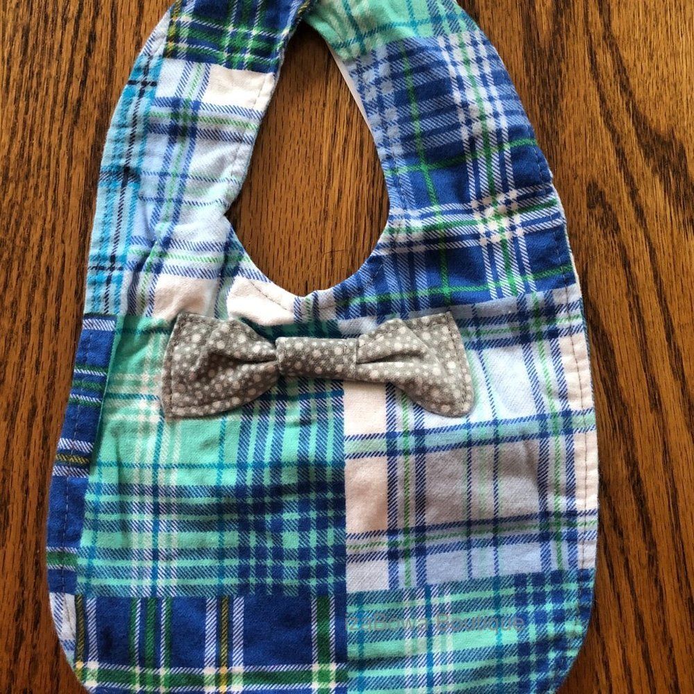 Light Blue Plaid w/ Bow Tie Bib BIB1245 Handmade Boutique